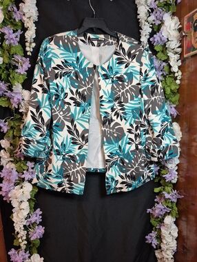 Preston & York Teal, Gray & White Tropical-Print Open Blazer